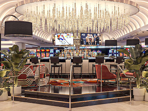 center bar with beautiful chandelier and TVs